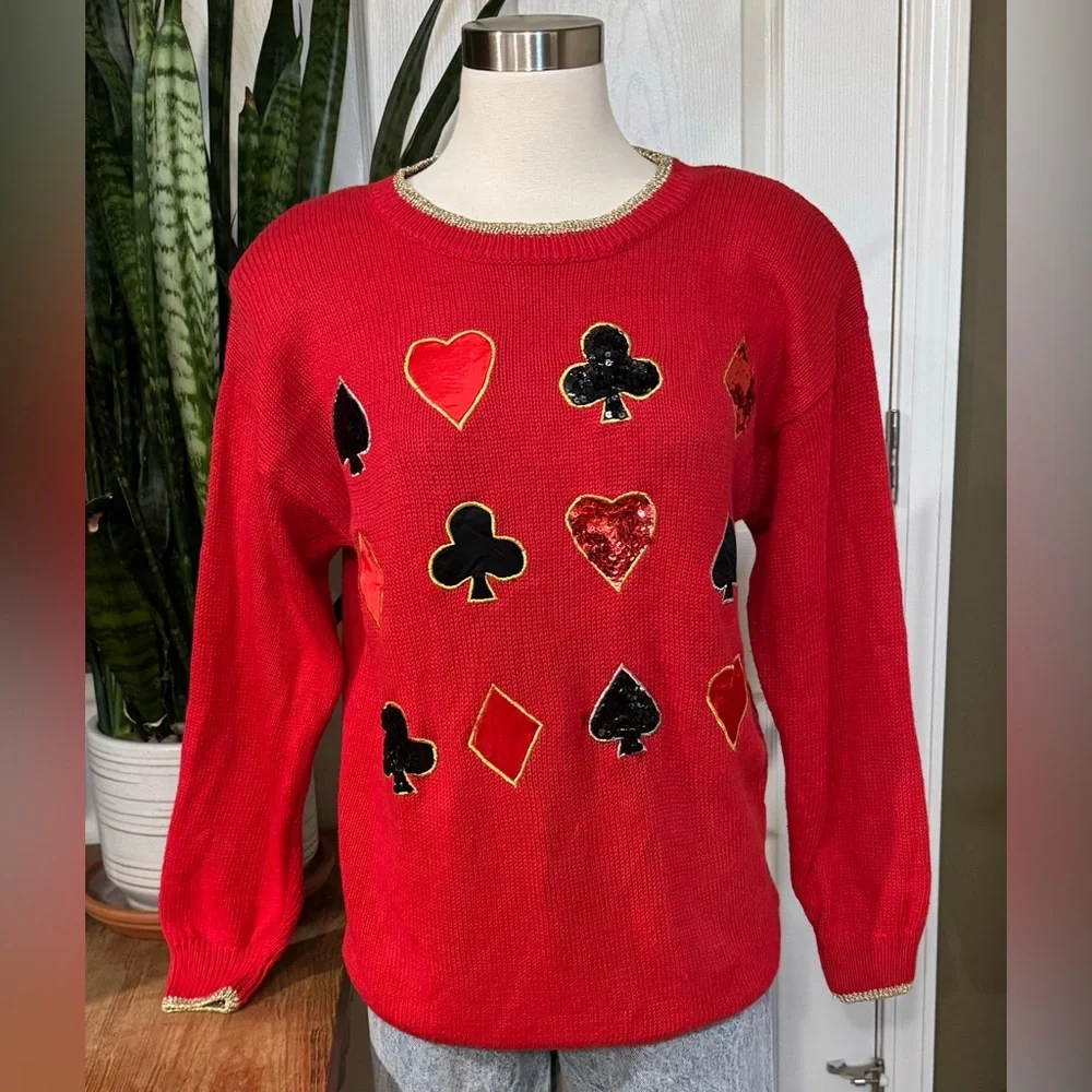 Vintage Casino Card Suit Sequin Sweater Y2K Alice Wonderland medium‎